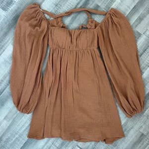 Rust Off-Shoulder Dress with Balloon Sleeves